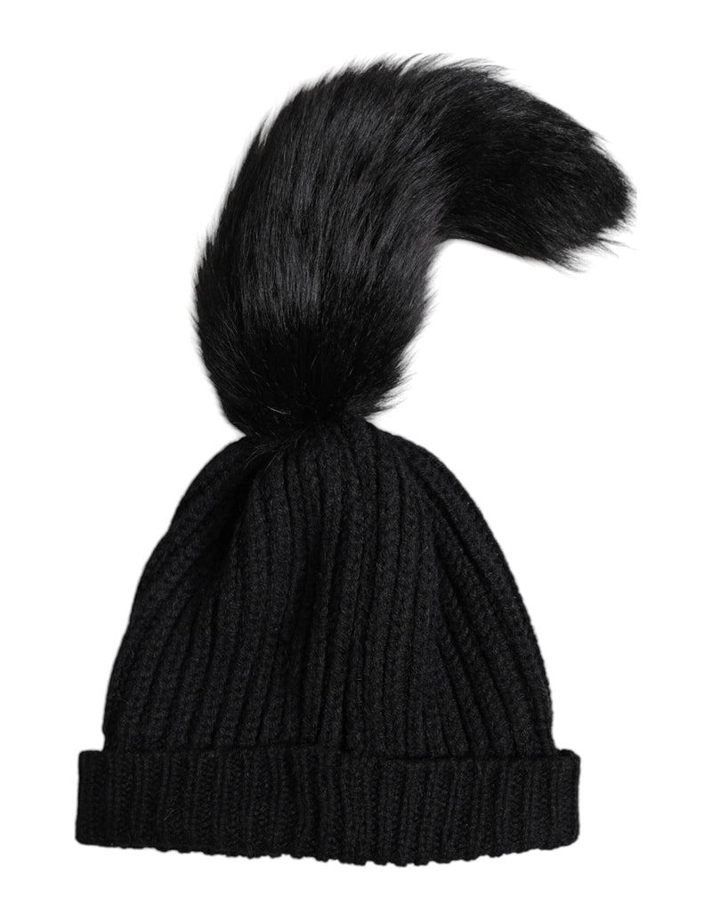 Black Acrylic Knitted Fur Winter Beanie Hat Dolce & Gabbana
