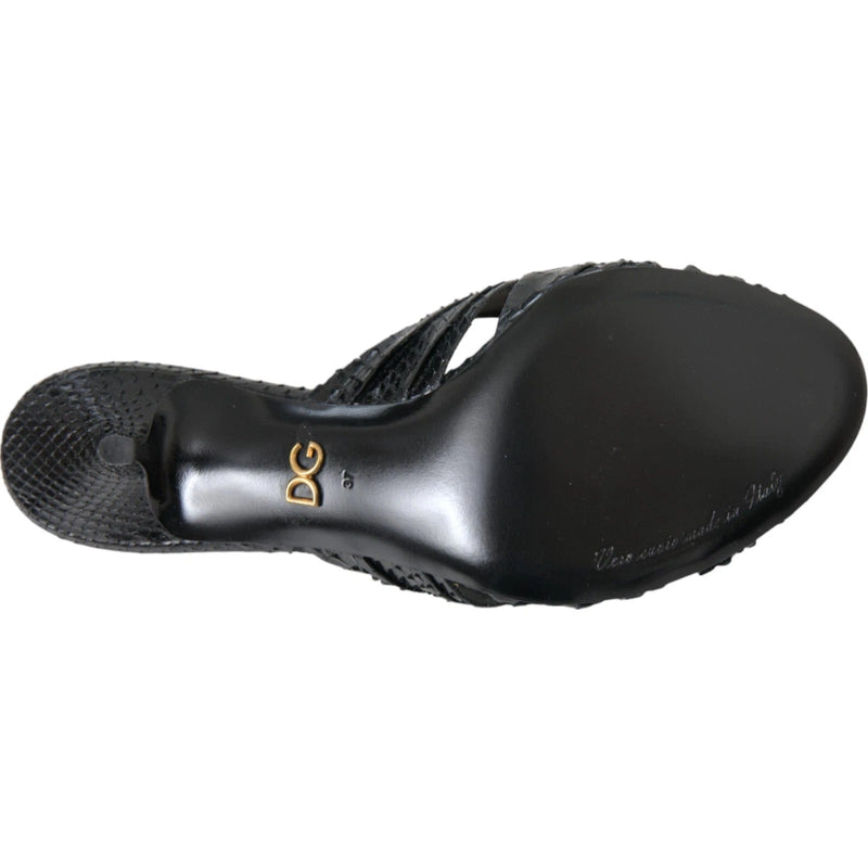 Black Python Leather Heels Slides Shoes Dolce & Gabbana