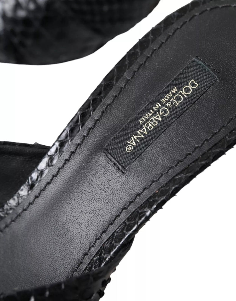 Black Python Leather Heels Slides Shoes Dolce & Gabbana