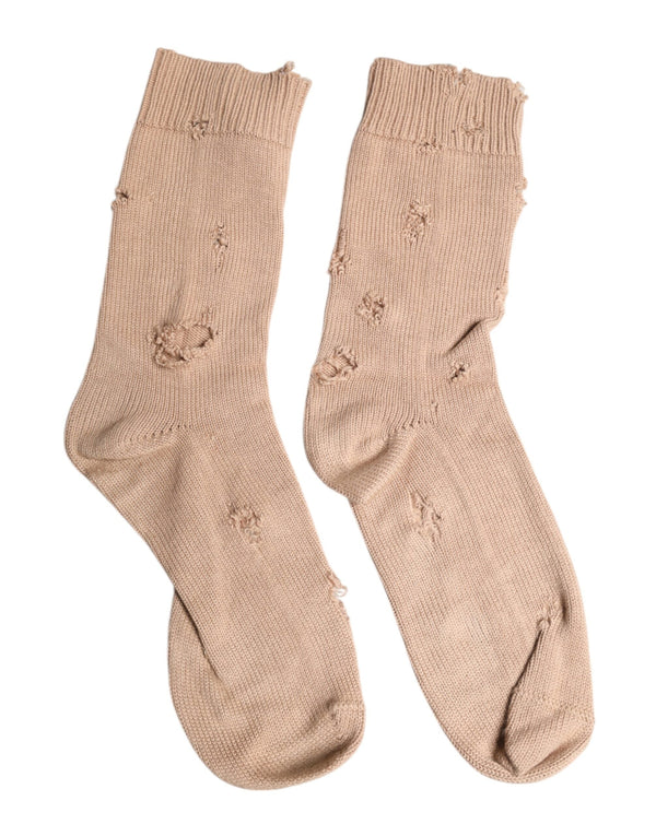 Beige Solid Stretch Mid Calf Men Socks Dolce & Gabbana