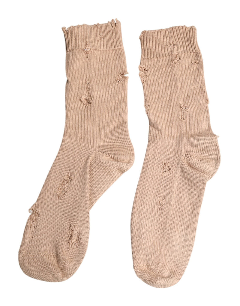 Beige Solid Stretch Mid Calf Men Socks Dolce & Gabbana