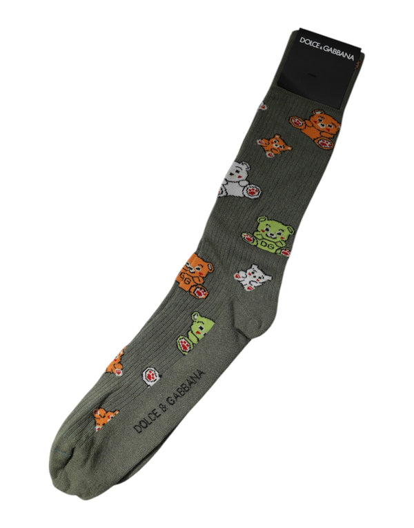Green Nylon DG Bear Printed Mid Calf Socks Dolce & Gabbana