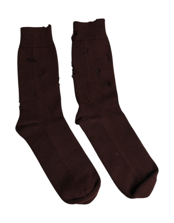 Brown Solid Cotton Stretch Mid Calf Socks Dolce & Gabbana