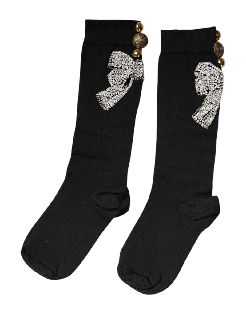 Black Knit Floral Crystal Embellishment Socks Dolce & Gabbana