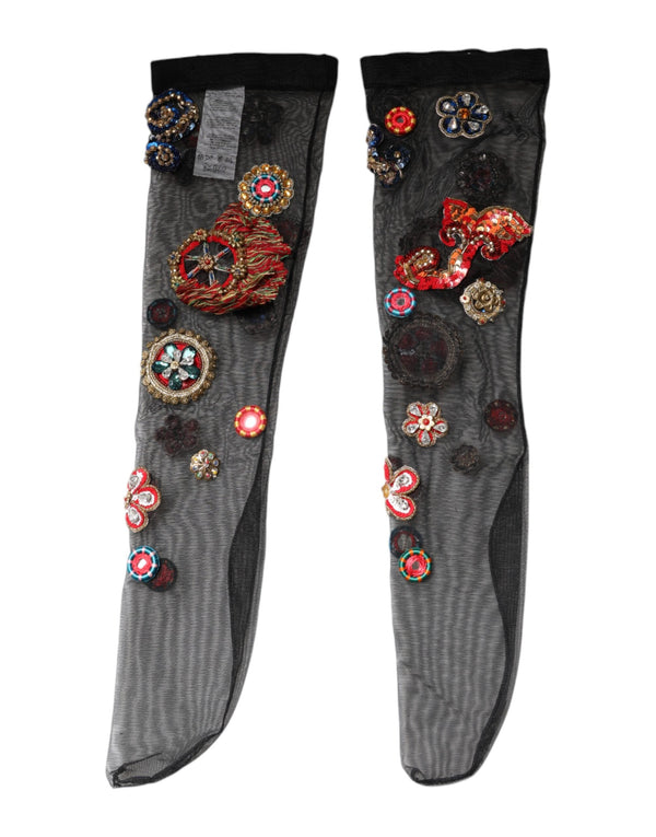 Black Stretch Carretto Crystal Stockings Socks Dolce & Gabbana