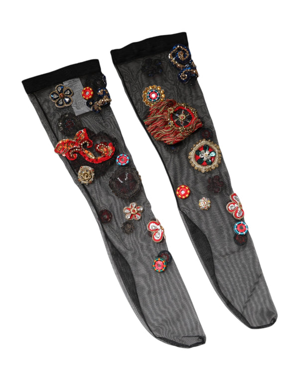 Black Stretch Carretto Crystal Stockings Socks Dolce & Gabbana