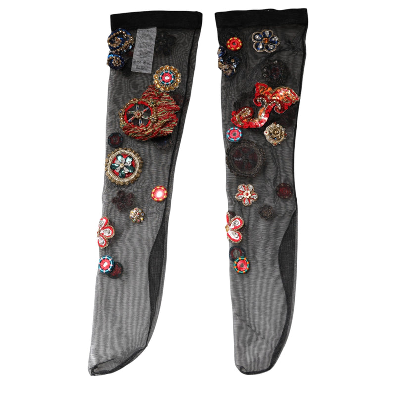Black Stretch Carretto Crystal Stockings Socks Dolce & Gabbana