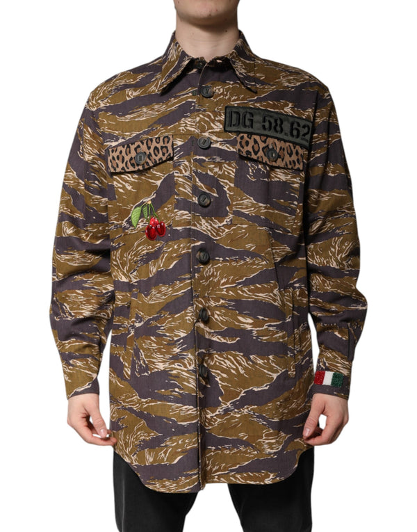 Brown Leopard Cotton Collared Coat Jacket Dolce & Gabbana