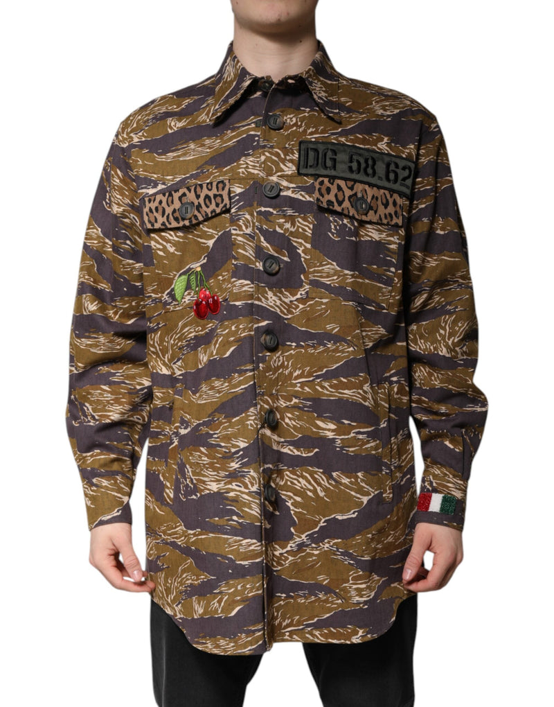 Brown Leopard Cotton Collared Coat Jacket Dolce & Gabbana