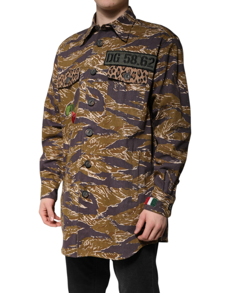 Brown Leopard Cotton Collared Coat Jacket Dolce & Gabbana