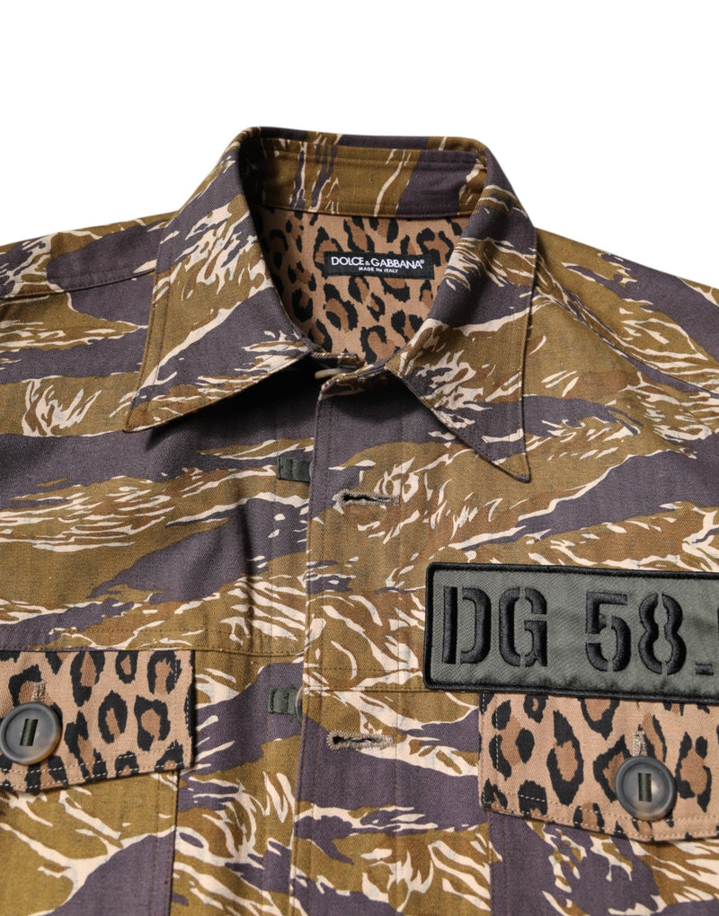 Brown Leopard Cotton Collared Coat Jacket Dolce & Gabbana