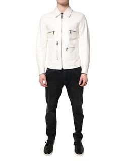 White Collared Full Zip Biker Coat Jacket Dolce & Gabbana