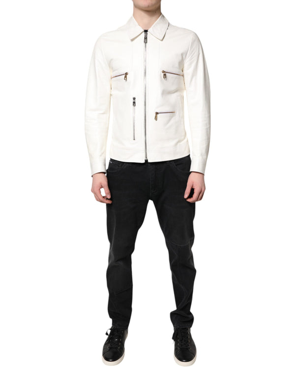 White Collared Full Zip Biker Coat Jacket Dolce & Gabbana