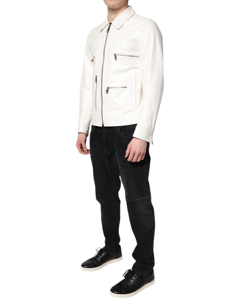 White Collared Full Zip Biker Coat Jacket Dolce & Gabbana