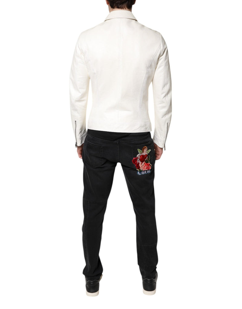 White Collared Full Zip Biker Coat Jacket Dolce & Gabbana