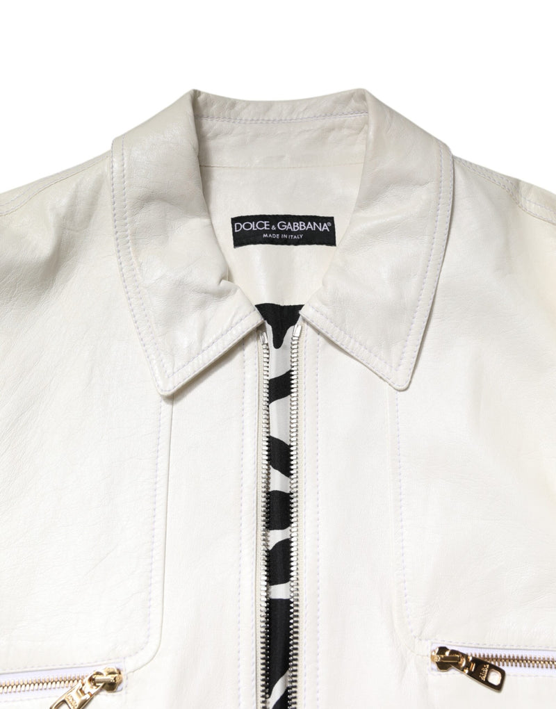 White Collared Full Zip Biker Coat Jacket Dolce & Gabbana