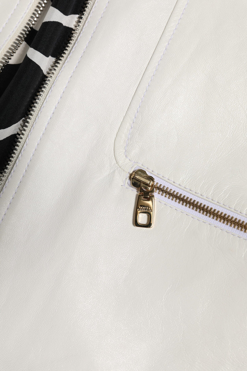 White Collared Full Zip Biker Coat Jacket Dolce & Gabbana