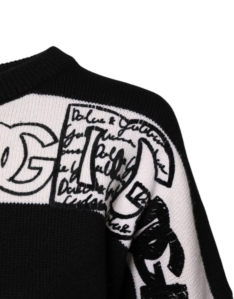 Black White Logo Print Wool Pullover Sweater Dolce & Gabbana