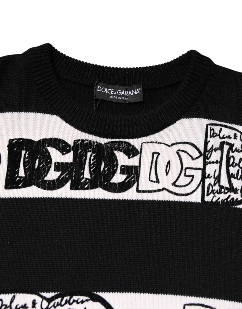 Black White Logo Print Wool Pullover Sweater Dolce & Gabbana