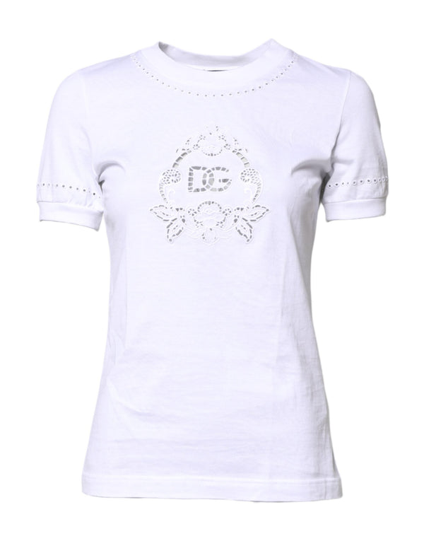 White Cotton Floral Logo Crew Neck T-shirt Dolce & Gabbana