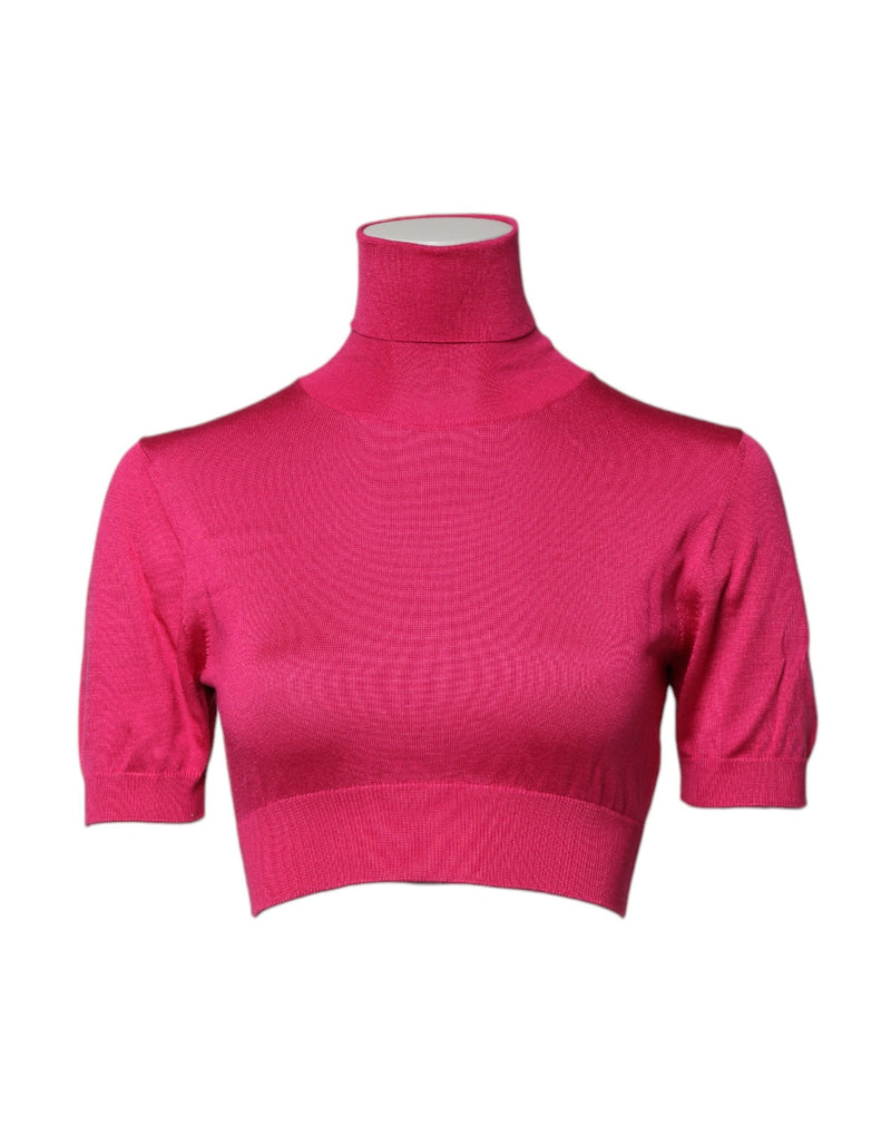 Pink Silk Knitted Turtleneck Cropped Top Dolce & Gabbana