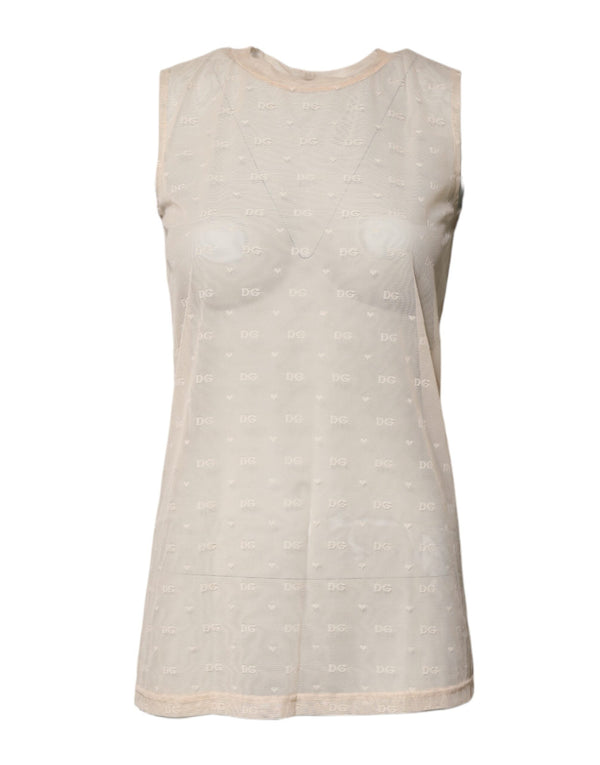 Ivory Nylon Logo See Through Sleeveless Tank Top Dolce & Gabbana