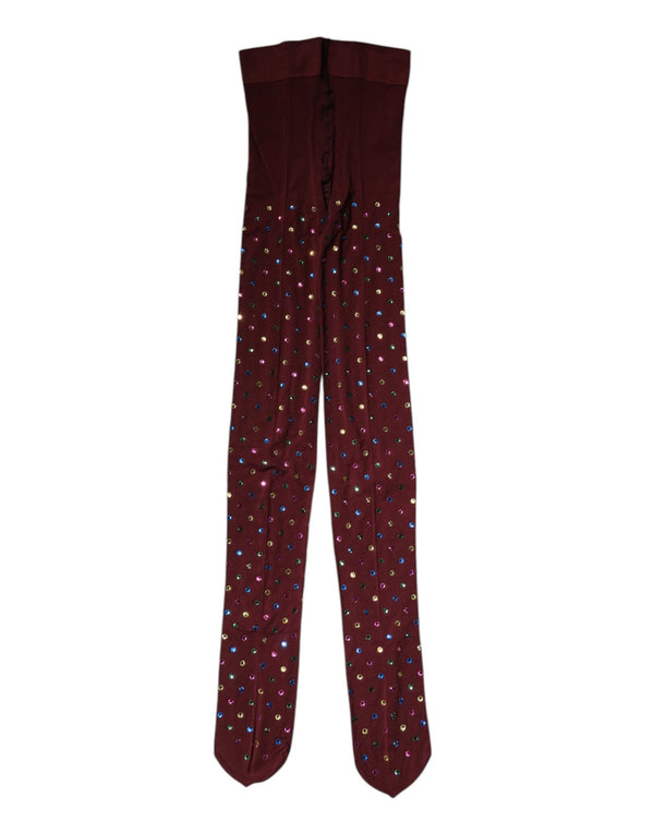 Maroon Nylon Crystal Embellished Pantyhose Tights Dolce & Gabbana