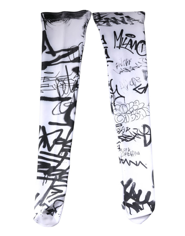 White Graffiti Cotton Over Calf Stockings Socks Dolce & Gabbana