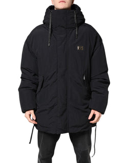 Black Nylon Full Zip Hooded Parka Jacket Dolce & Gabbana