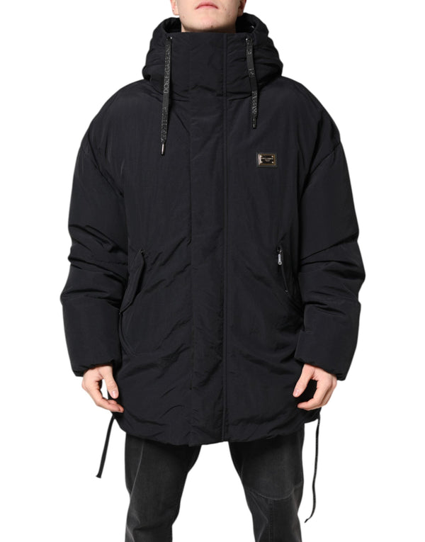 Black Nylon Full Zip Hooded Parka Jacket Dolce & Gabbana