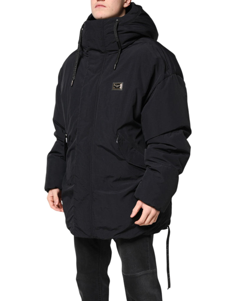 Black Nylon Full Zip Hooded Parka Jacket Dolce & Gabbana