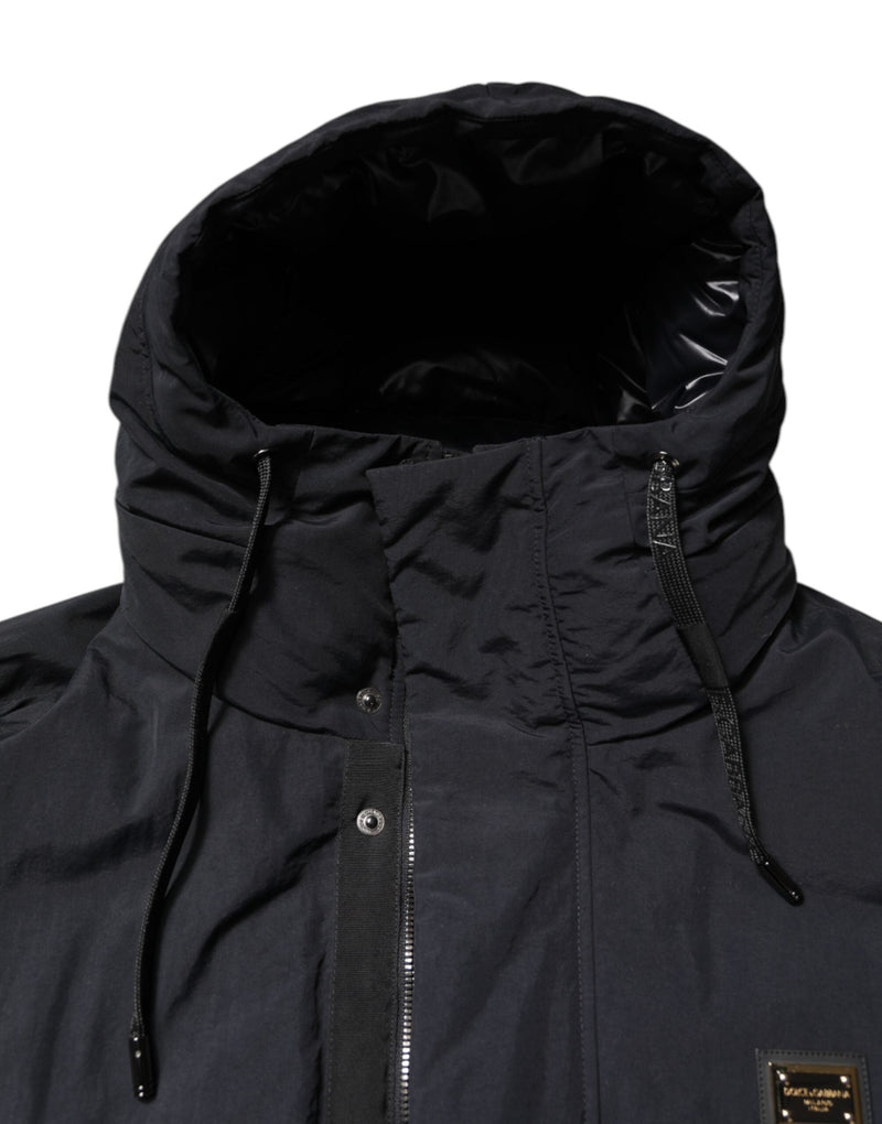 Black Nylon Full Zip Hooded Parka Jacket Dolce & Gabbana