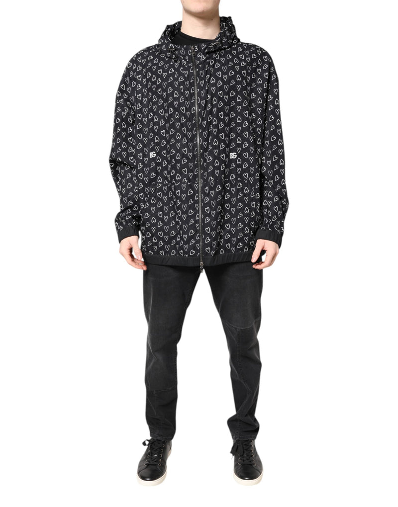 Black Heart Print Hooded Windbreaker Jacket Dolce & Gabbana
