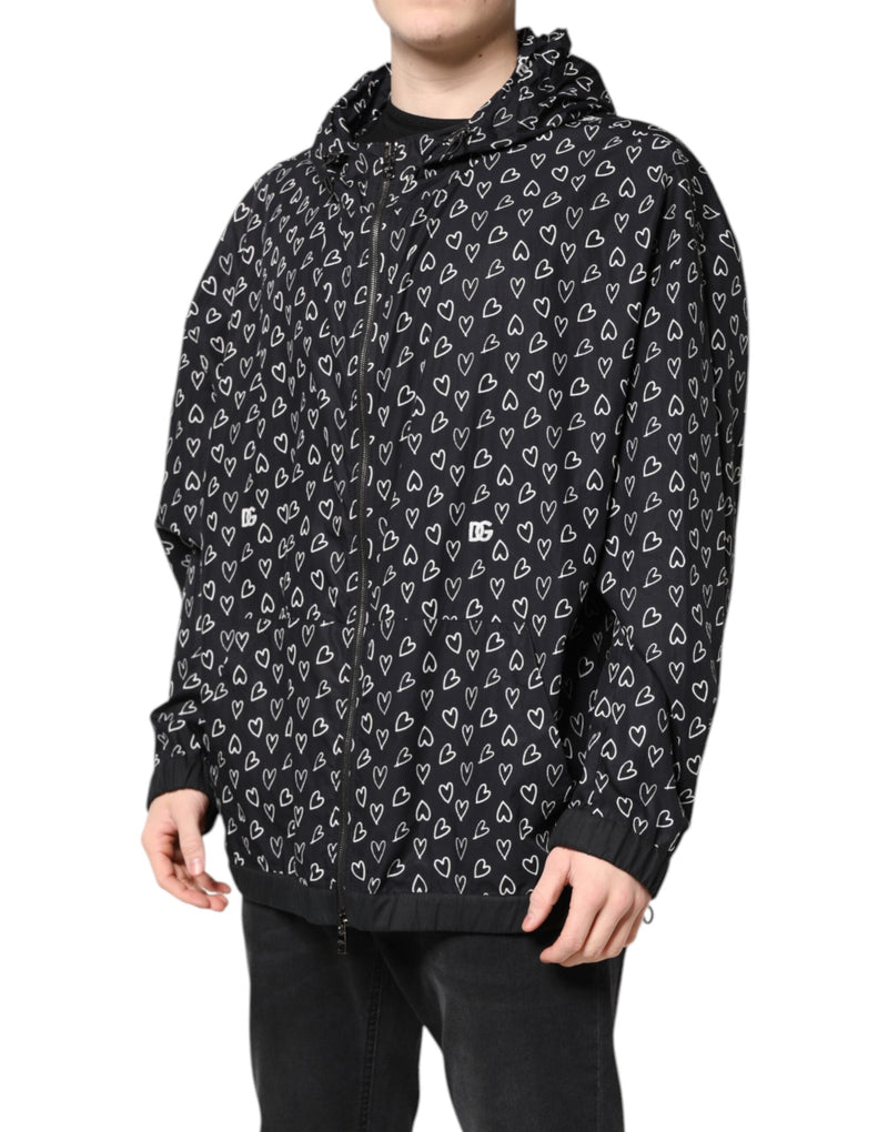 Black Heart Print Hooded Windbreaker Jacket Dolce & Gabbana
