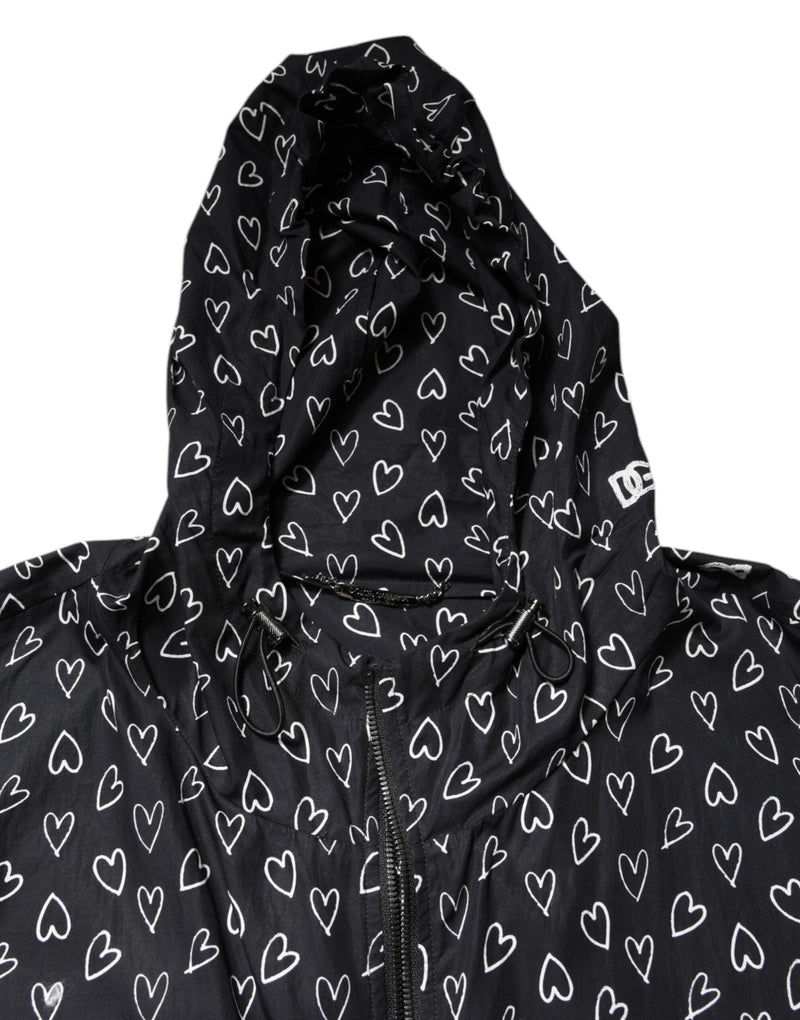 Black Heart Print Hooded Windbreaker Jacket Dolce & Gabbana
