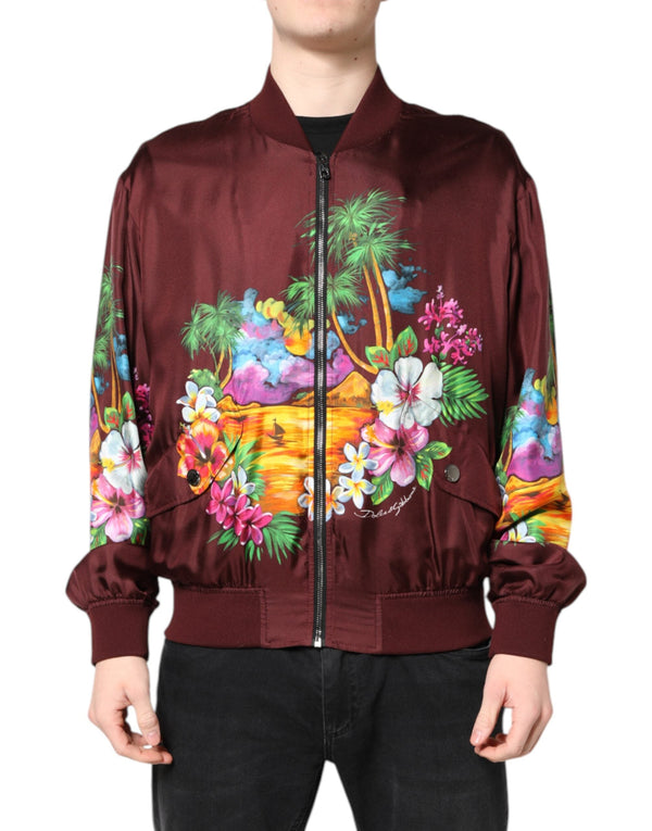 Maroon Floral Print Full Zip Bomber Jacket Dolce & Gabbana
