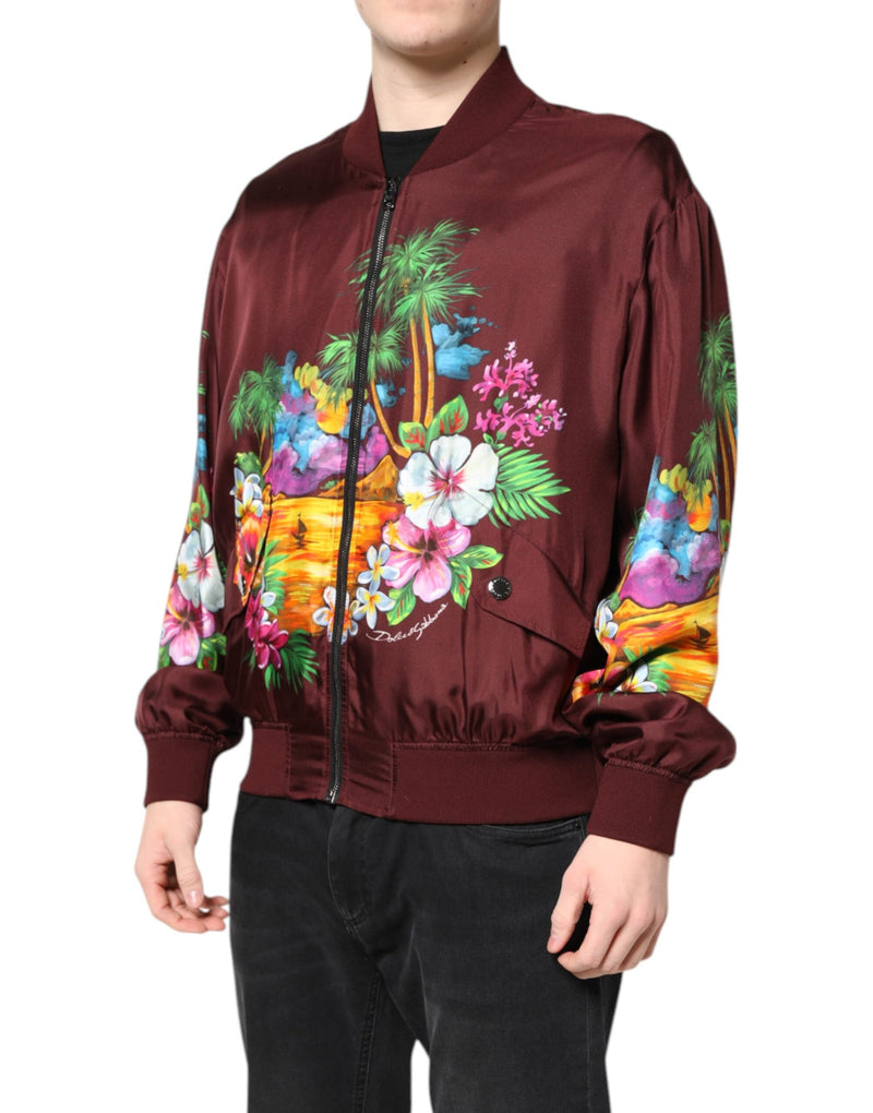 Maroon Floral Print Full Zip Bomber Jacket Dolce & Gabbana