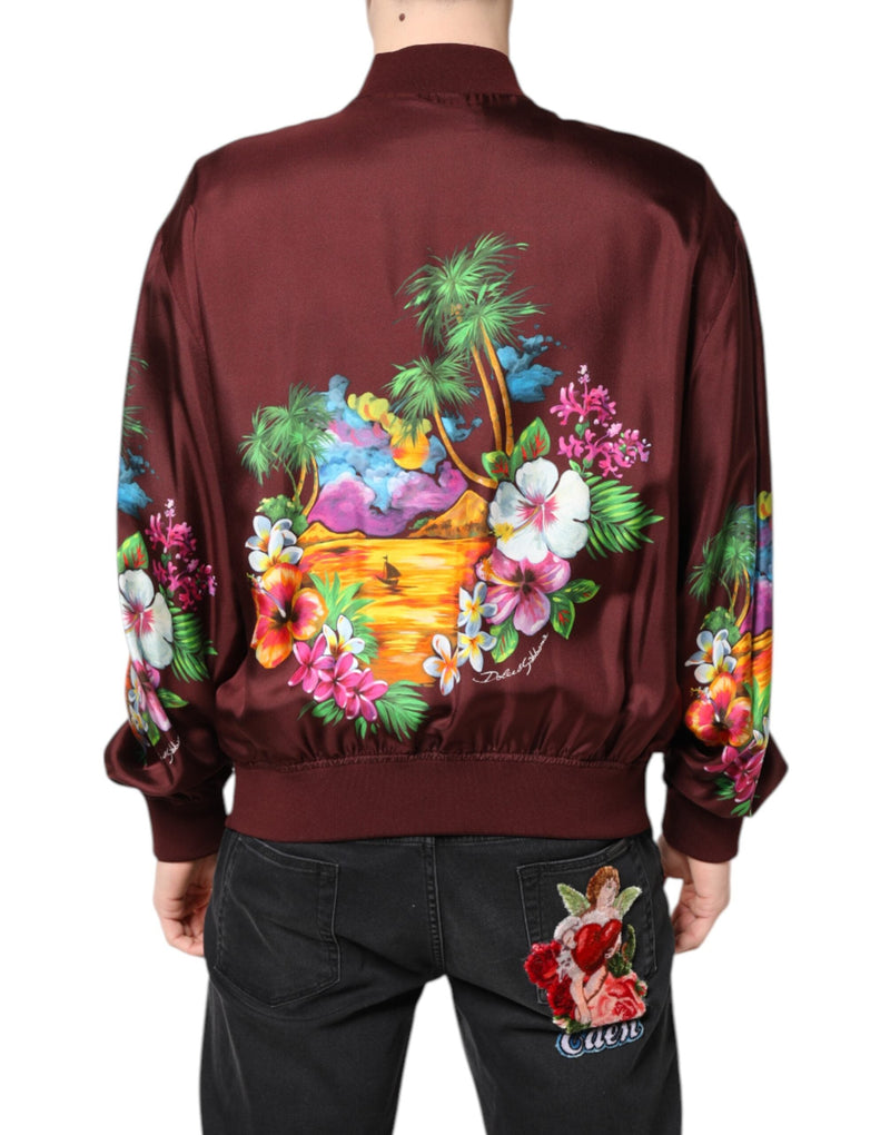 Maroon Floral Print Full Zip Bomber Jacket Dolce & Gabbana