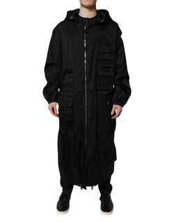Black Hooded Long Men Windbreaker Jacket Dolce & Gabbana