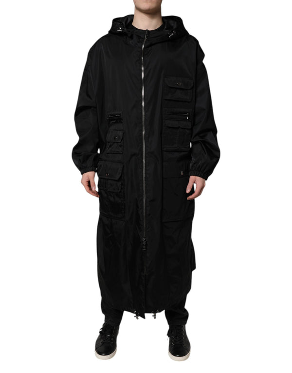 Black Hooded Long Men Windbreaker Jacket Dolce & Gabbana