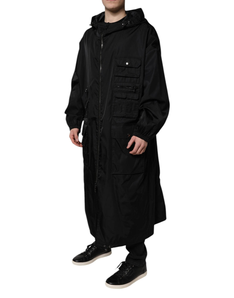 Black Hooded Long Men Windbreaker Jacket Dolce & Gabbana