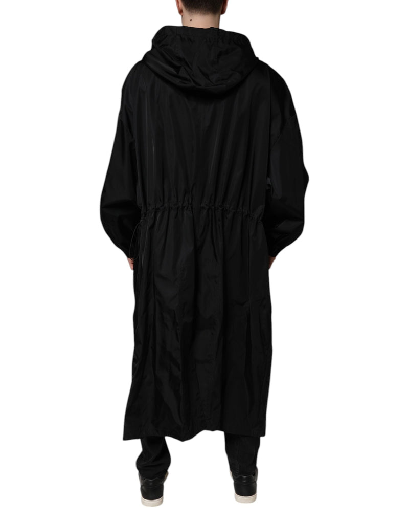 Black Hooded Long Men Windbreaker Jacket Dolce & Gabbana