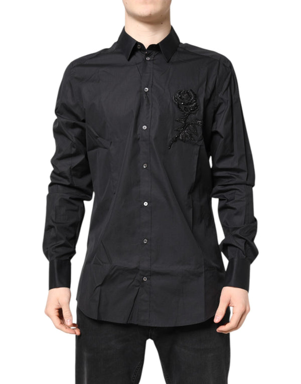 Black Floral Gold Cotton Dress Formal Shirt Dolce & Gabbana