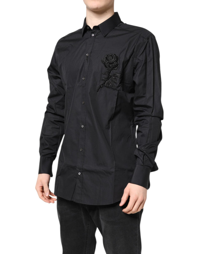 Black Floral Gold Cotton Dress Formal Shirt Dolce & Gabbana