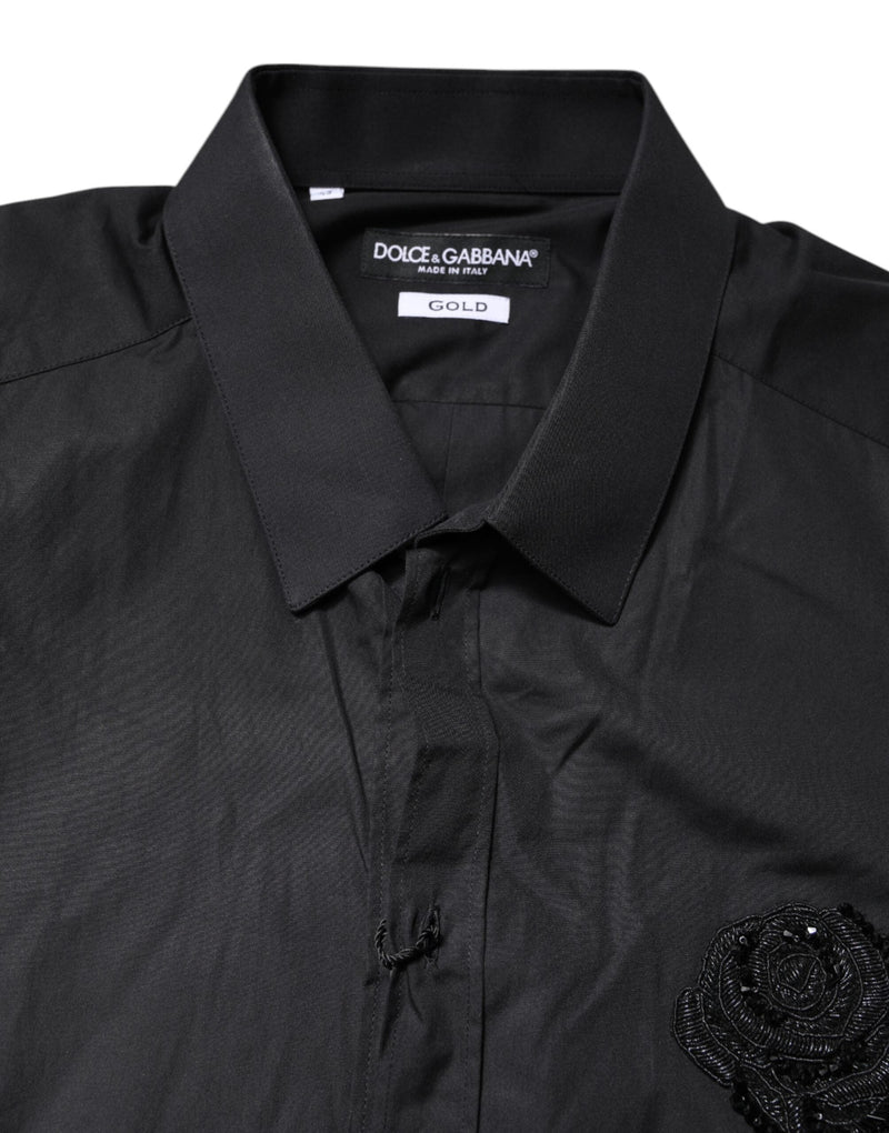Black Floral Gold Cotton Dress Formal Shirt Dolce & Gabbana