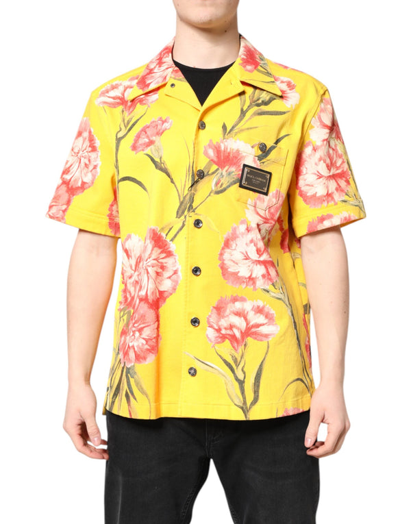 Yellow Floral Men Button Down Casual Shirt Dolce & Gabbana