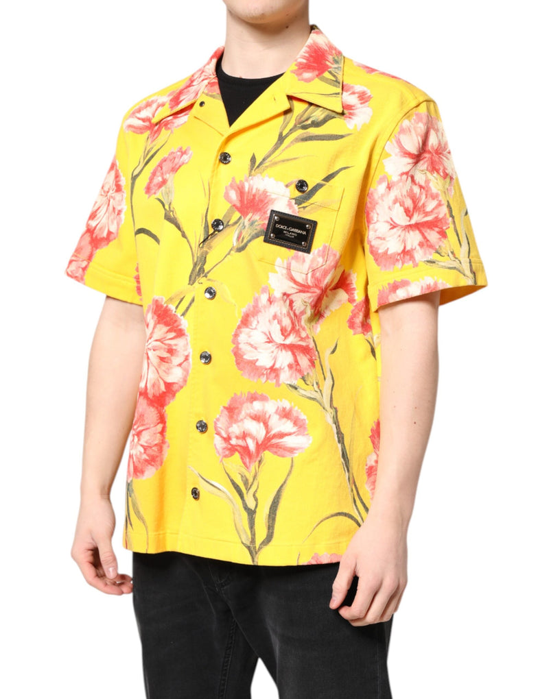 Yellow Floral Men Button Down Casual Shirt Dolce & Gabbana