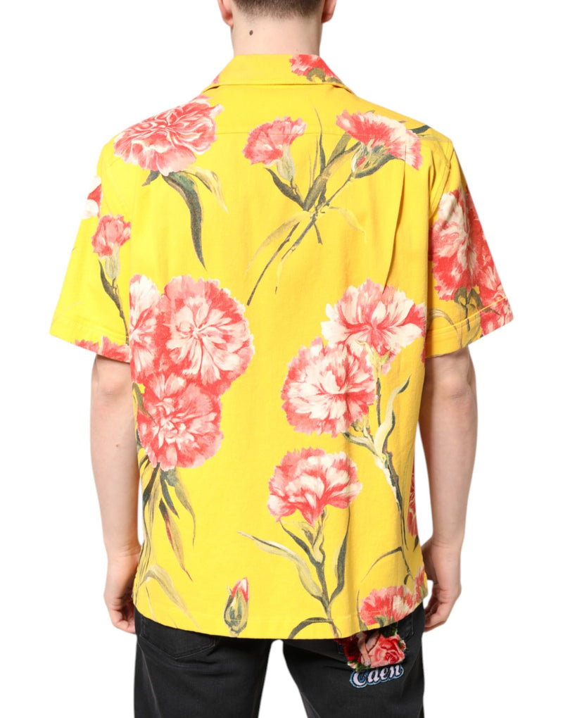 Yellow Floral Men Button Down Casual Shirt Dolce & Gabbana