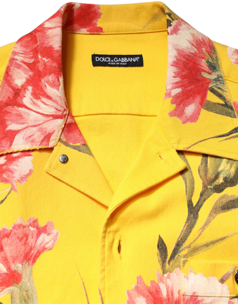 Yellow Floral Men Button Down Casual Shirt Dolce & Gabbana