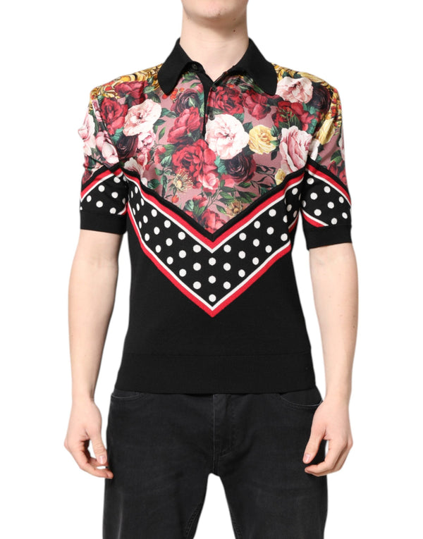 Black Floral Collared Short Sleeve T-shirt Dolce & Gabbana